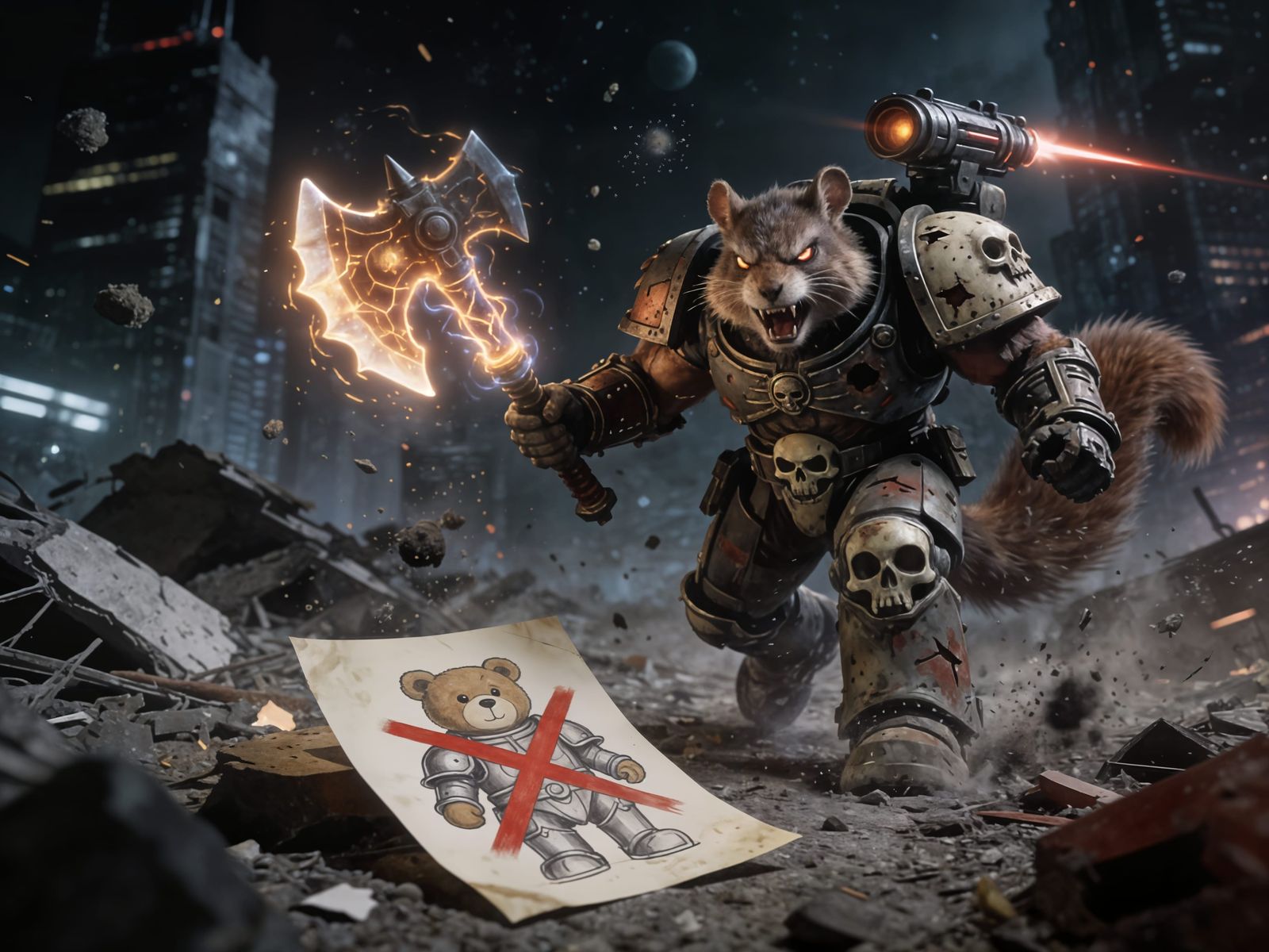 Ferocious Space Marine in Ruined City