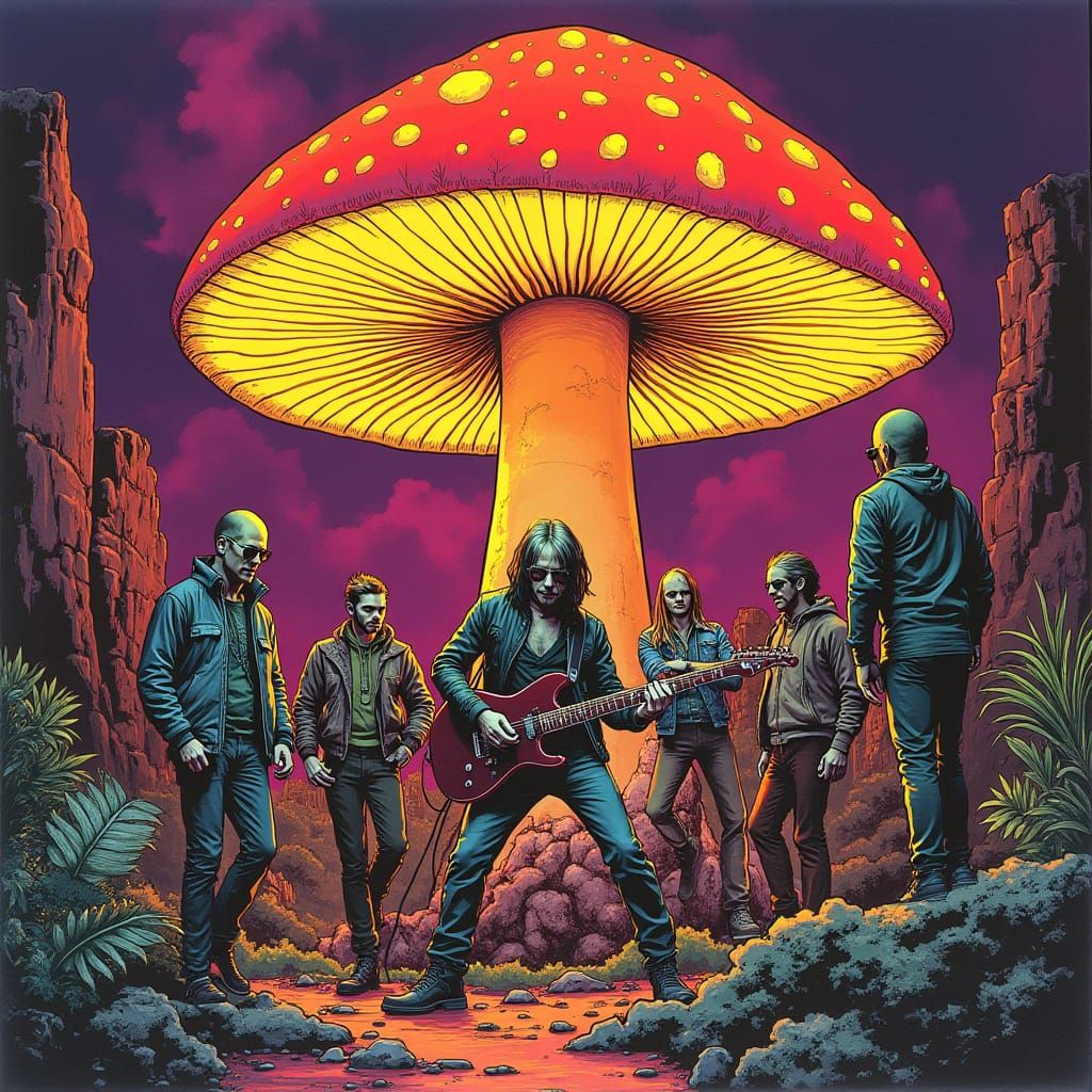 Futuristic Punk Rock Band Confronts Glowing Mushroom in Neon...