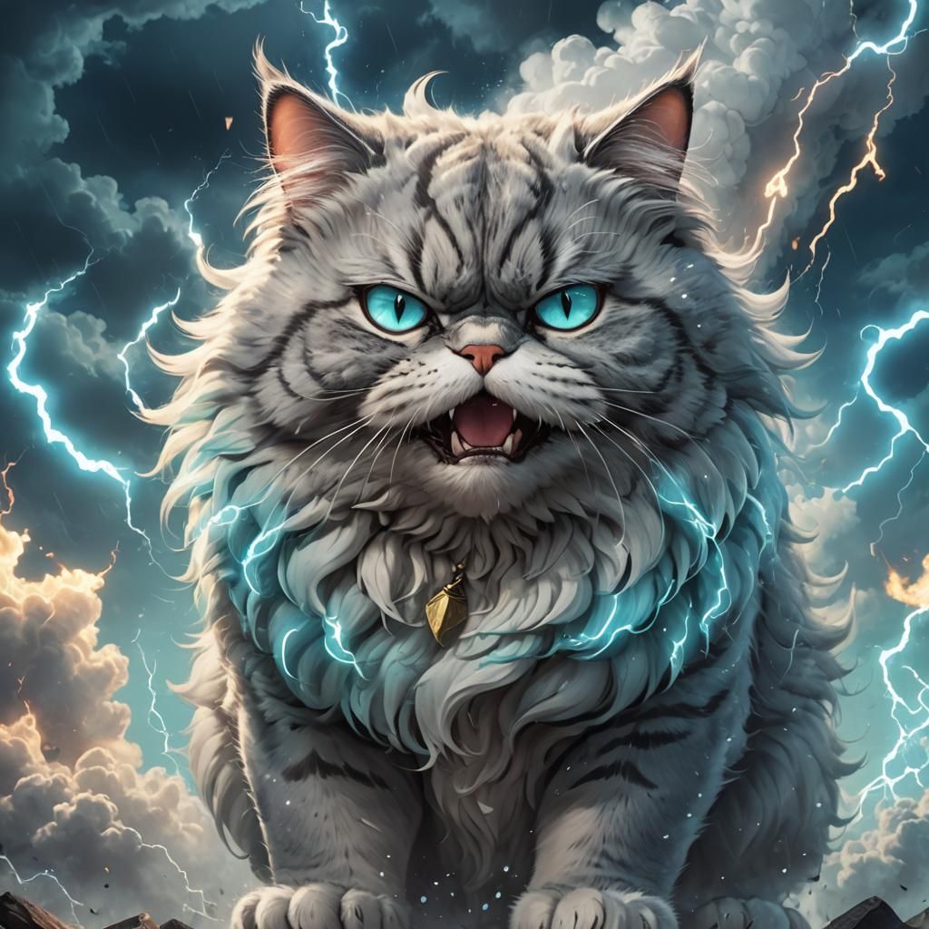 fluffy smoke cloud anime charging lora Cloud Animals cute angry Fat Cat; thunder lightning storm background; cyan blue g...