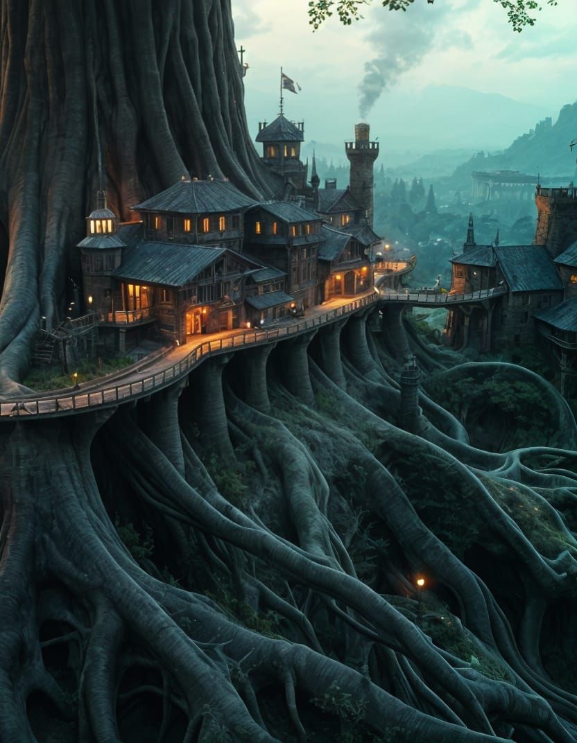 Steampunk City Ascends Giant Tree Roots