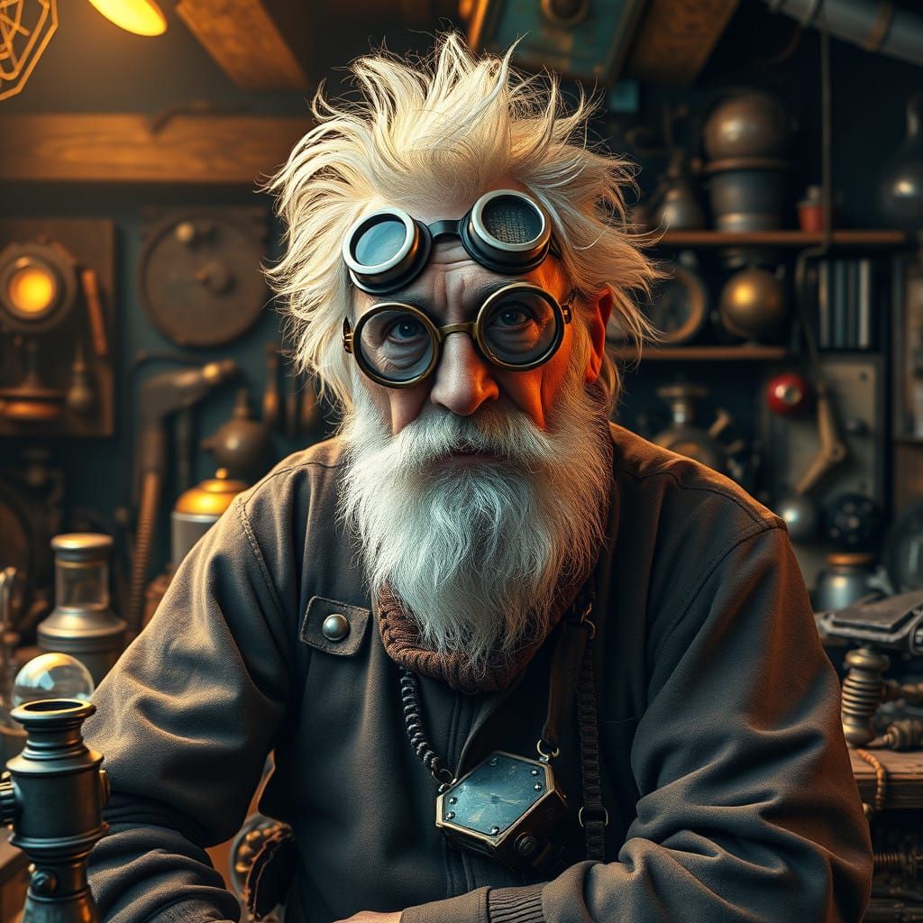 Eccentric Inventor in a Fantastical Workshop