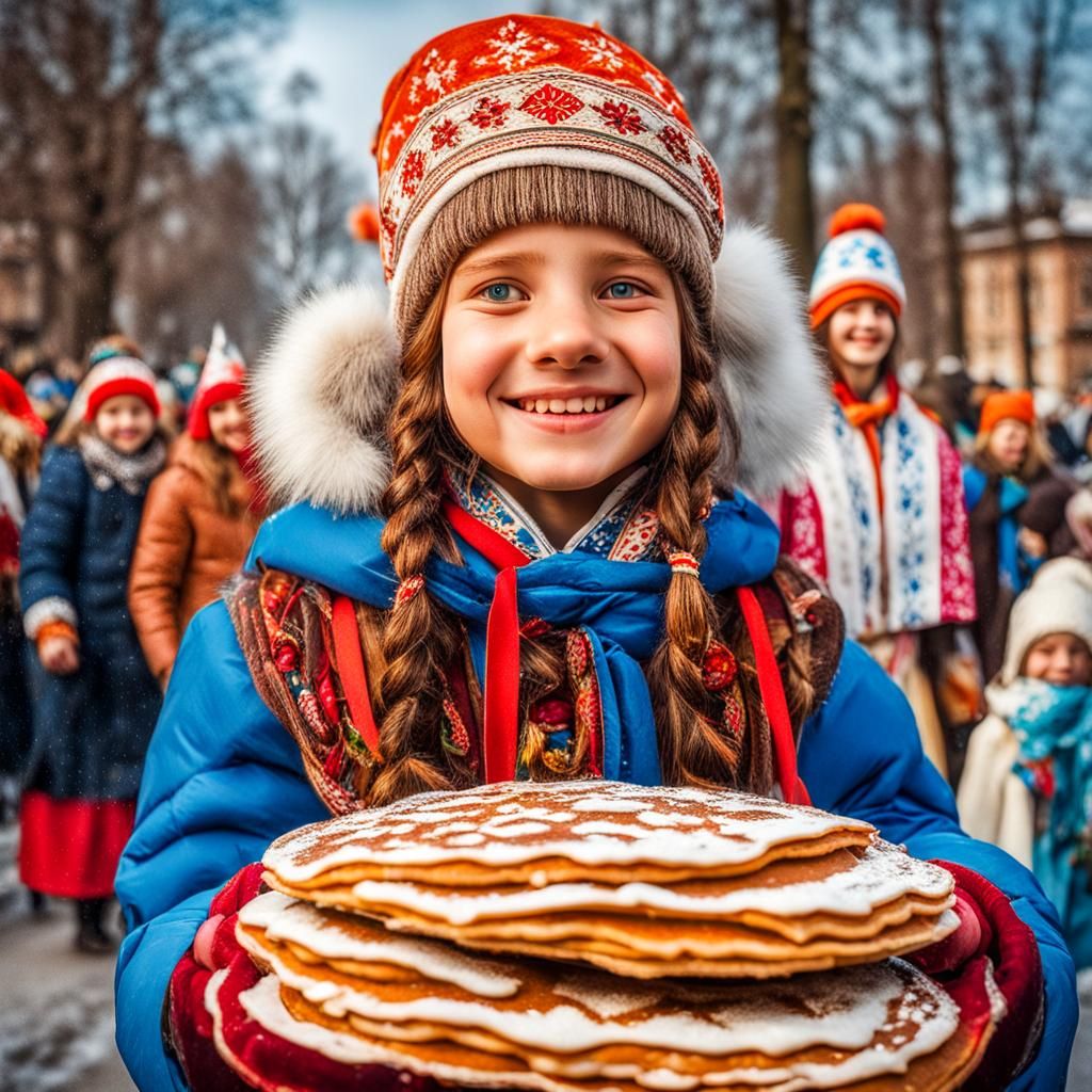 Maslenitsa Celebration with Girl, Cat, and Pancakes