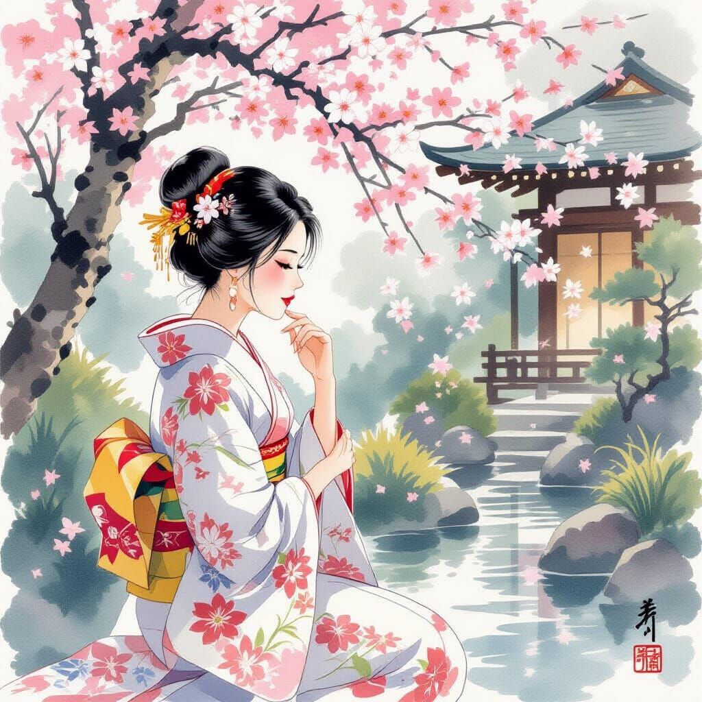 Woman in Kimono Among Cherry Blossoms in Japanese Garden