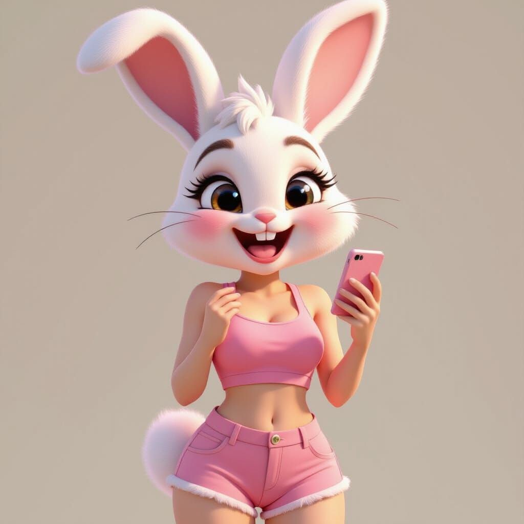 Anthropomorphic Bunny Laughing in Pixar 3D CGI Style