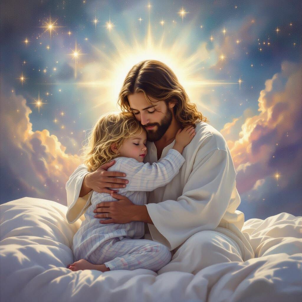 Child Hugs Jesus in Celestial Bedroom Oil Painting