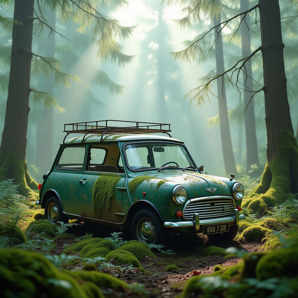 Abandoned Morris Mini Camper in Misty Forest
