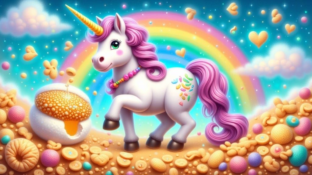 Unicorn Shares Rainbow Cereal, Fantasy Art
