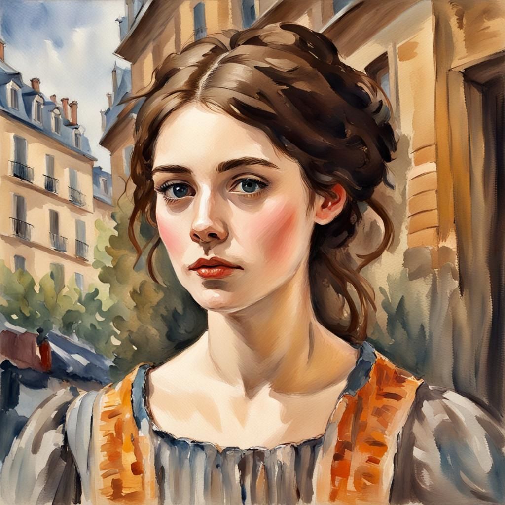 Independent Woman in Paris, Gouache Watercolor Style