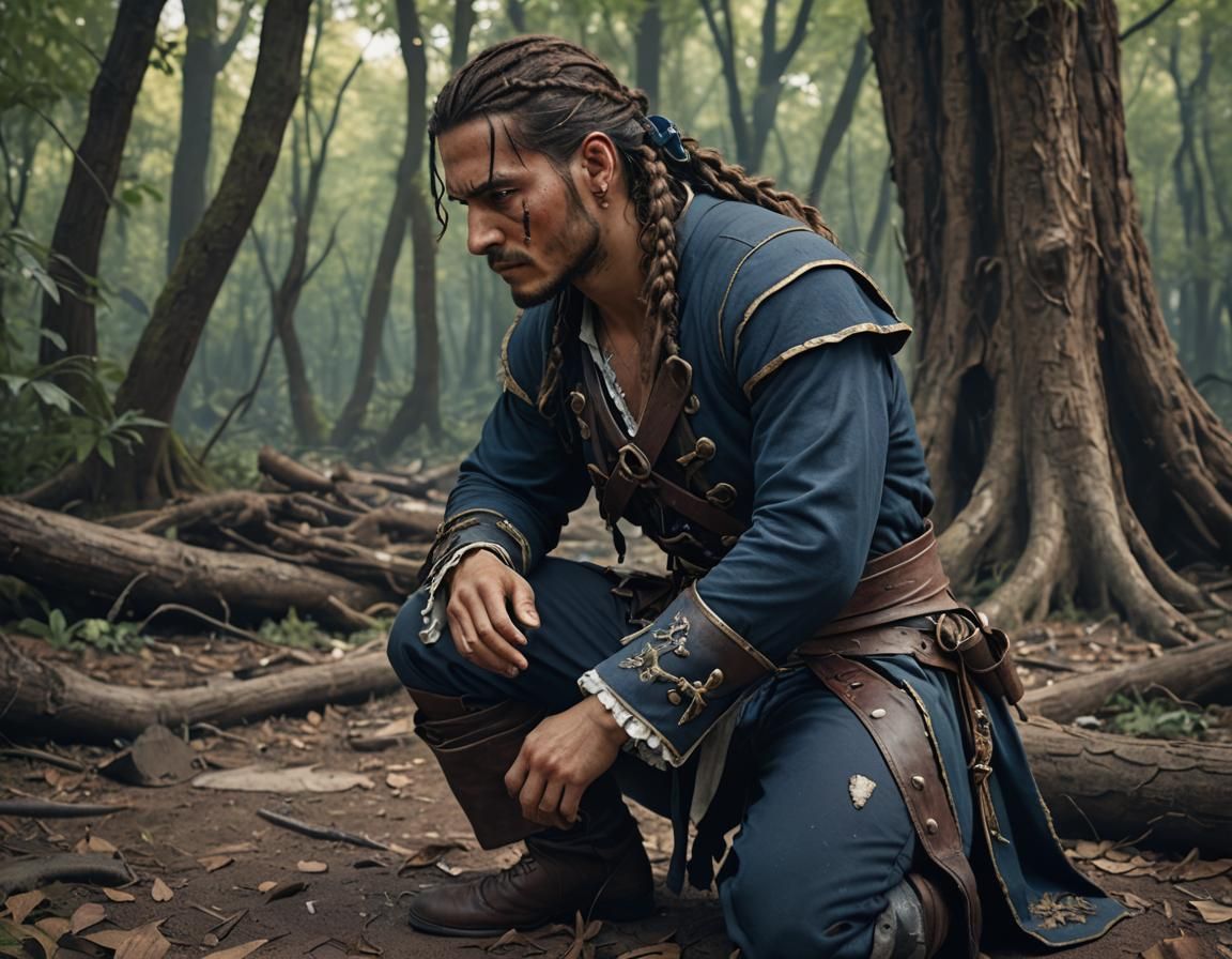 Wounded Pirate in Ruined Forest: Dark Fantasy Film Still