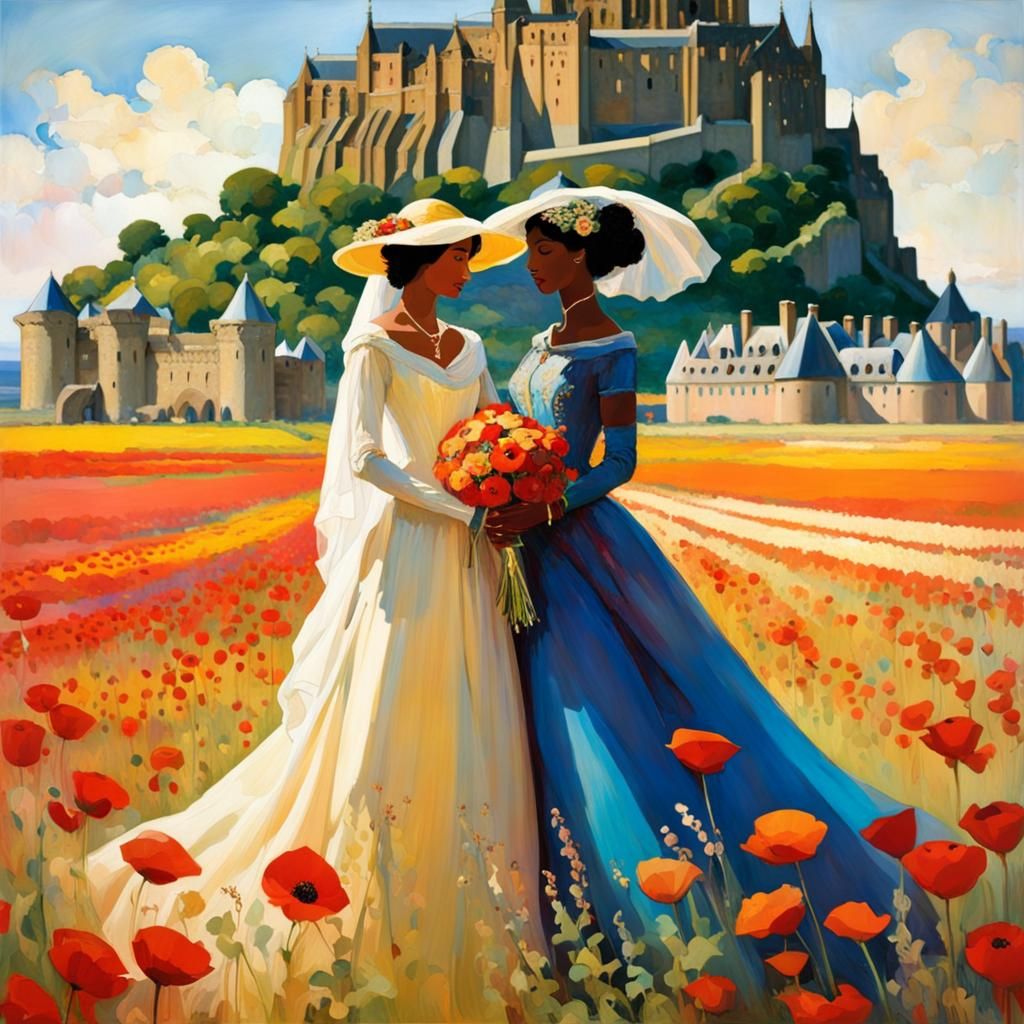 Lesbian Wedding in Poppy Field, Art Nouveau Style