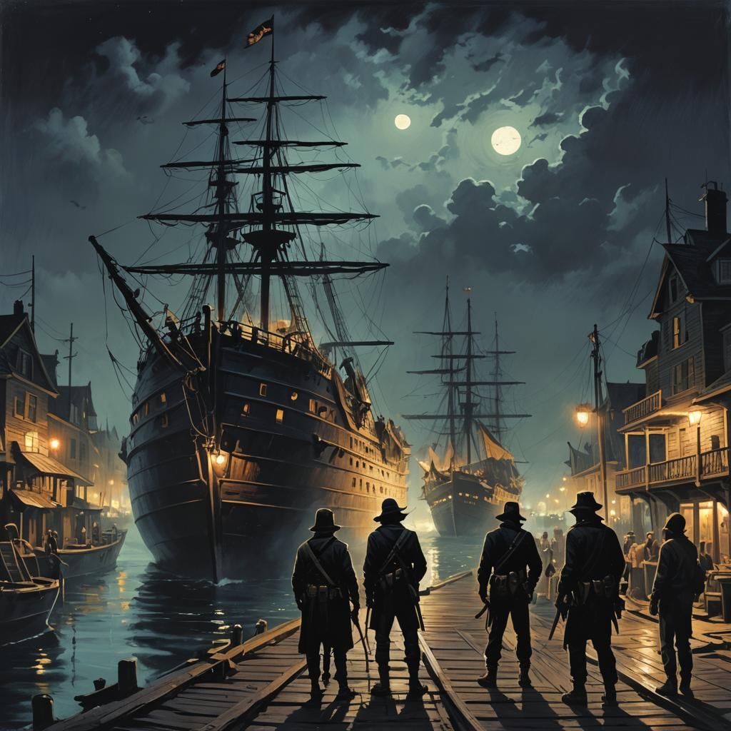 Sinister Robber Ship Sailing at Night