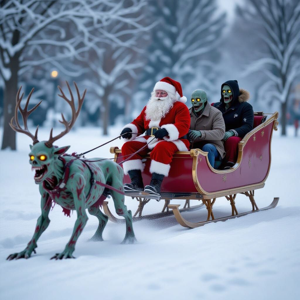 Santa's Sleigh Pulled By Zombies on a Snowy Day