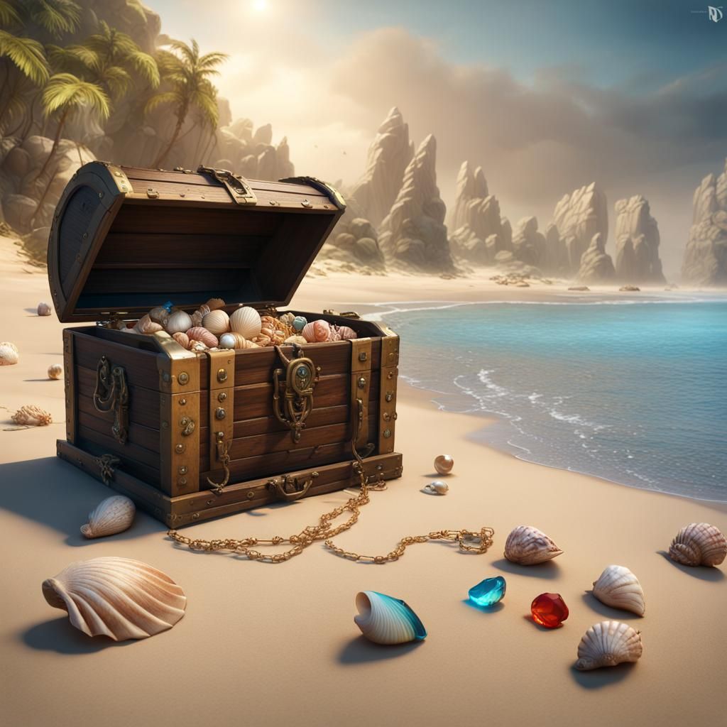 DALL E 3, a beautiful beach with a treasure chest a mast fro...