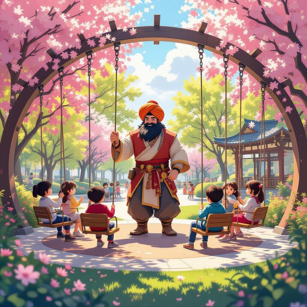 Kind Giant Watches Children Play in Anime Garden