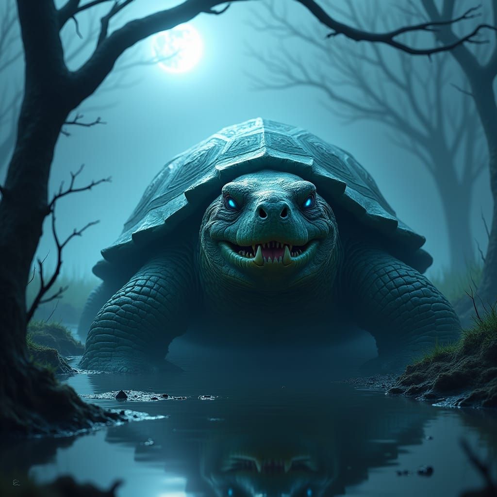 Mystical Ancient Snapping Turtle in a Foggy Swamp