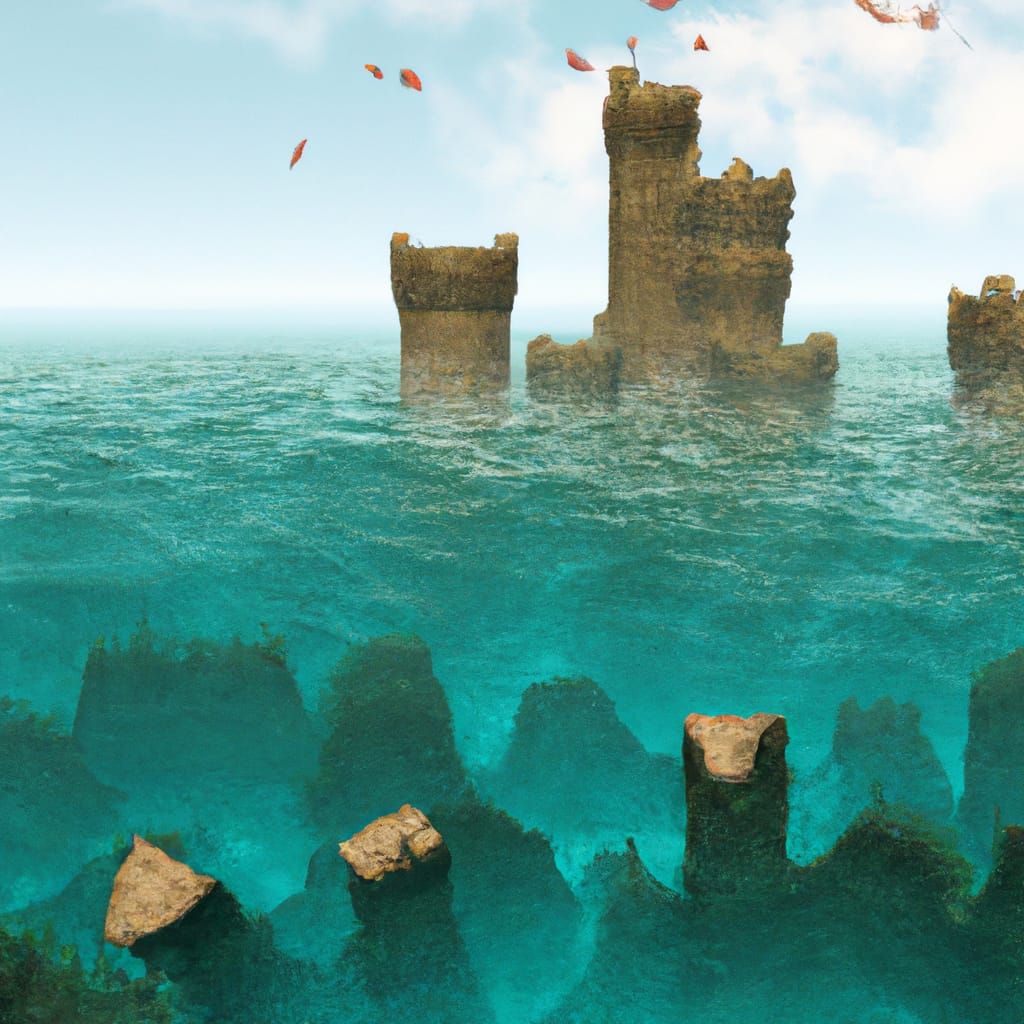 Underwater Medieval Castle Ruins with Mermaids
