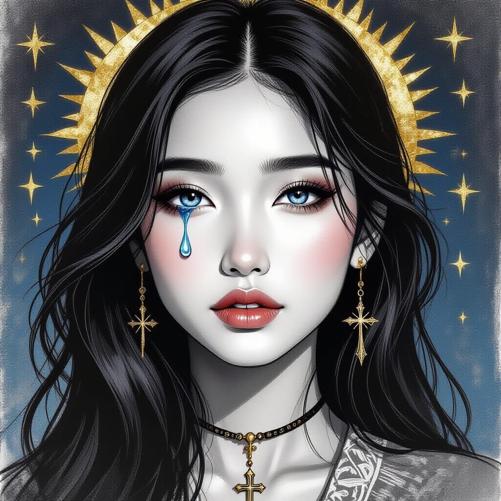 Pencil Sketch of Native Asian Spanish Woman with Tear