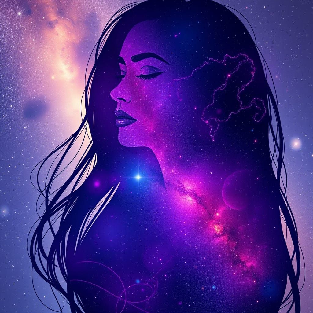 A Woman's Elegance Dissolves into Cosmic Depths