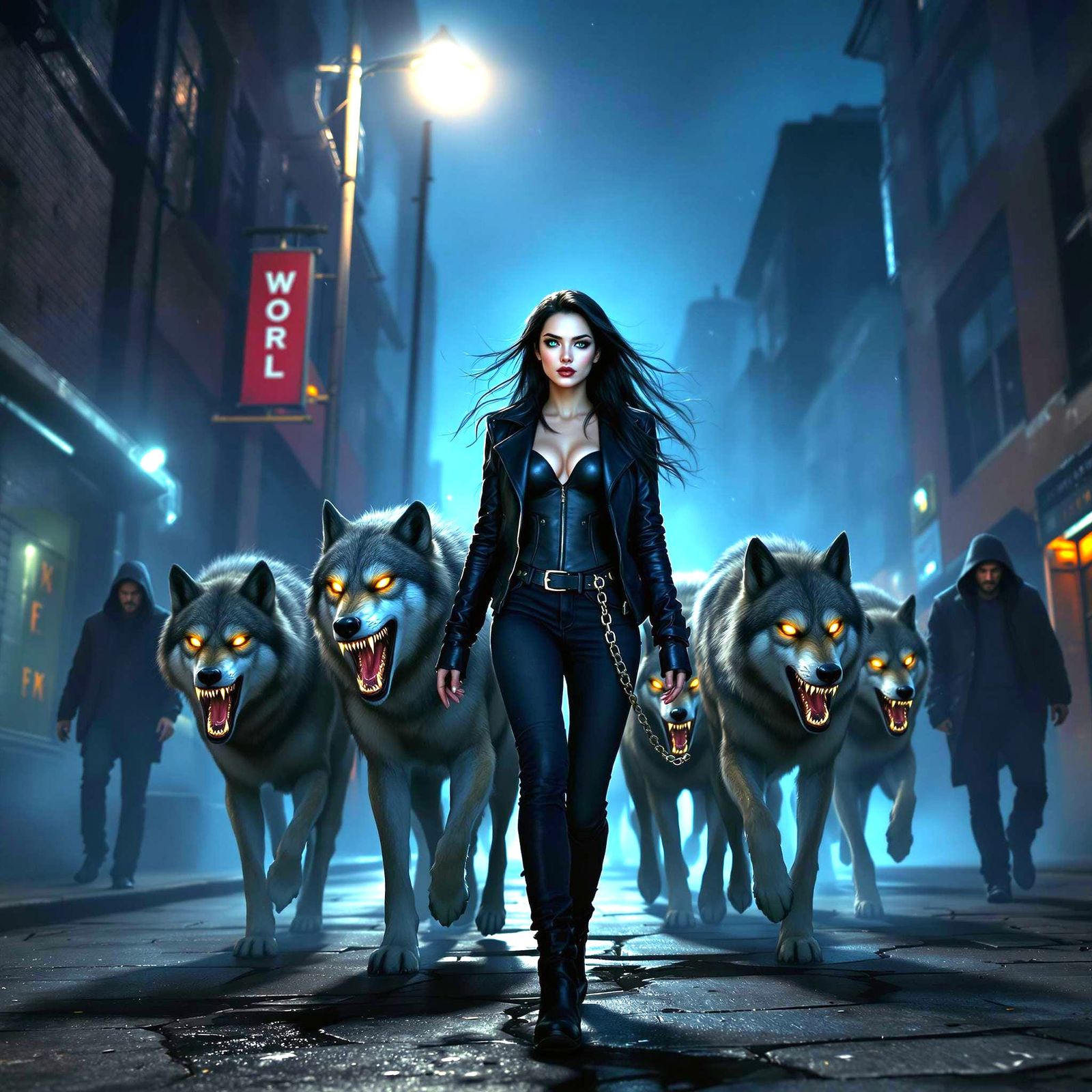 Woman and Wolves in a Treacherous City Street