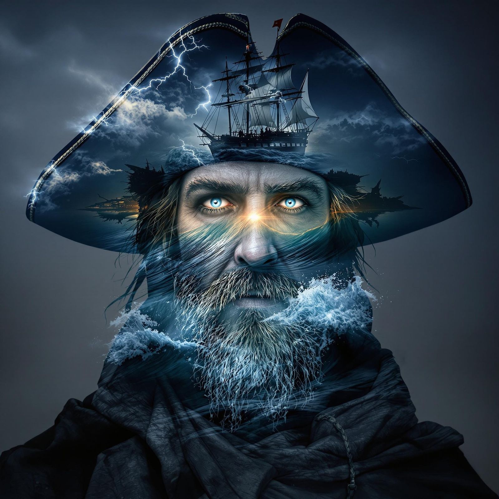 Ghostly Pirate Double Exposure in Stormy Seas