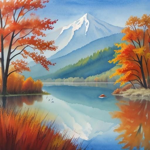 Autumn Lake in Watercolor Style
