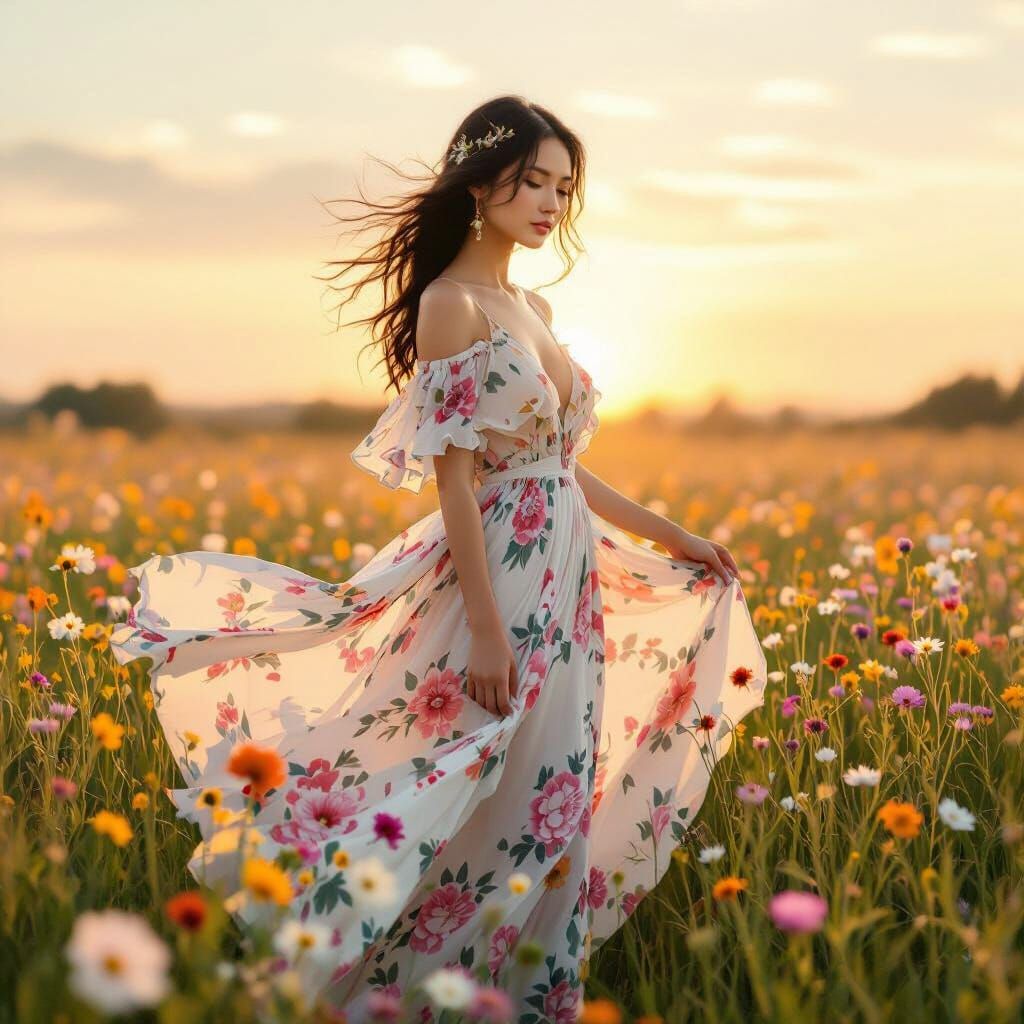 Ethereal Woman in Wildflower Field, Art Nouveau