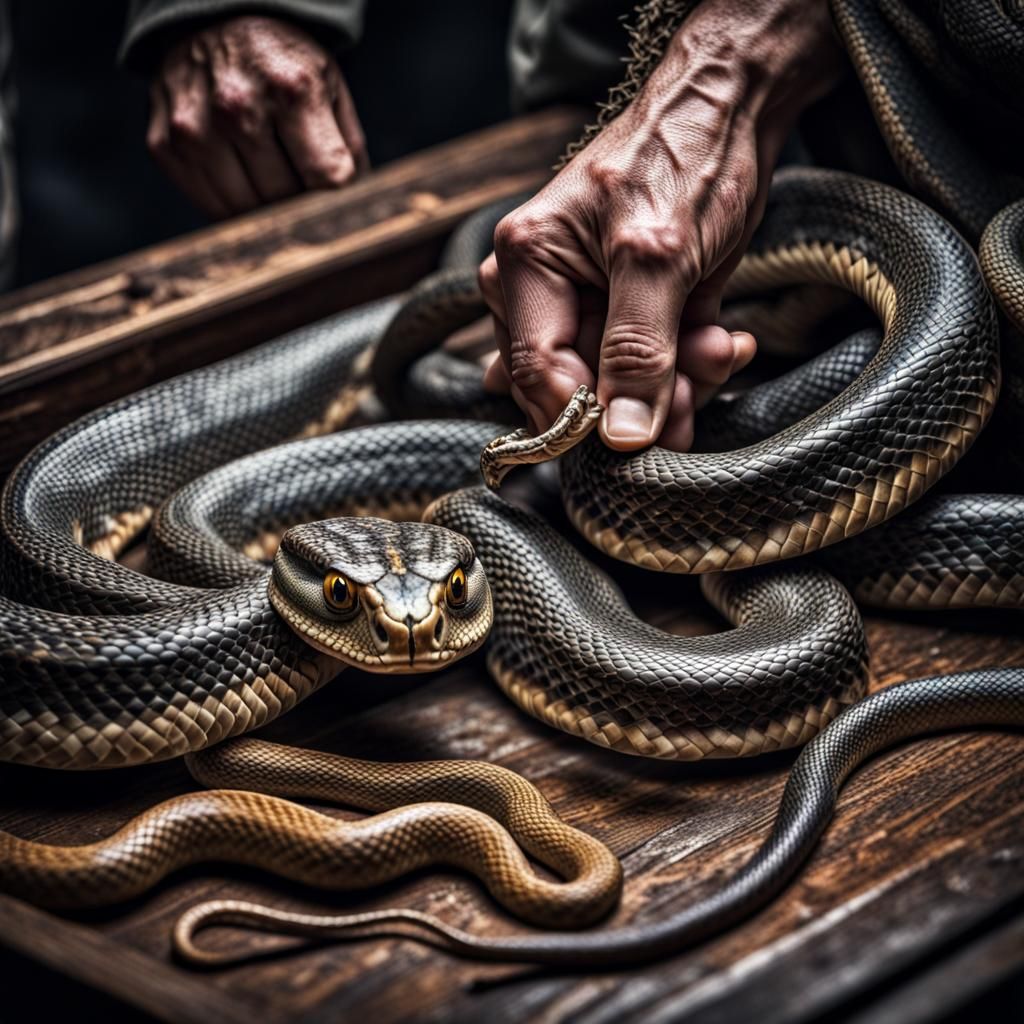 Hyperrealistic Snake Handler's Atmospheric Find