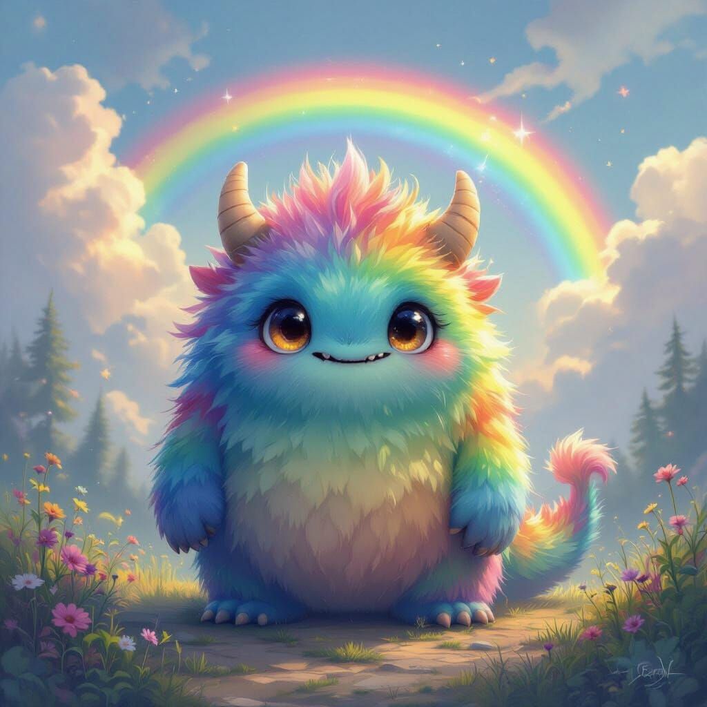 Adorable Rainbow Monster in Ethereal Fantasy Mist