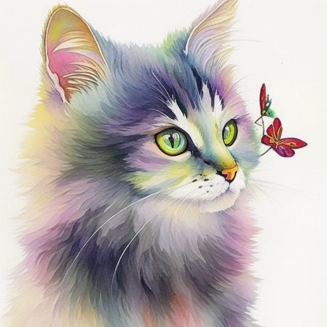 Rainbow Kitten Watercolor with Flower by Lisa Frank