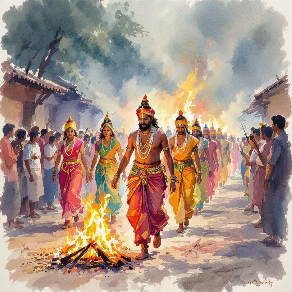 Tamil Fire Walking Ritual in Watercolor Style