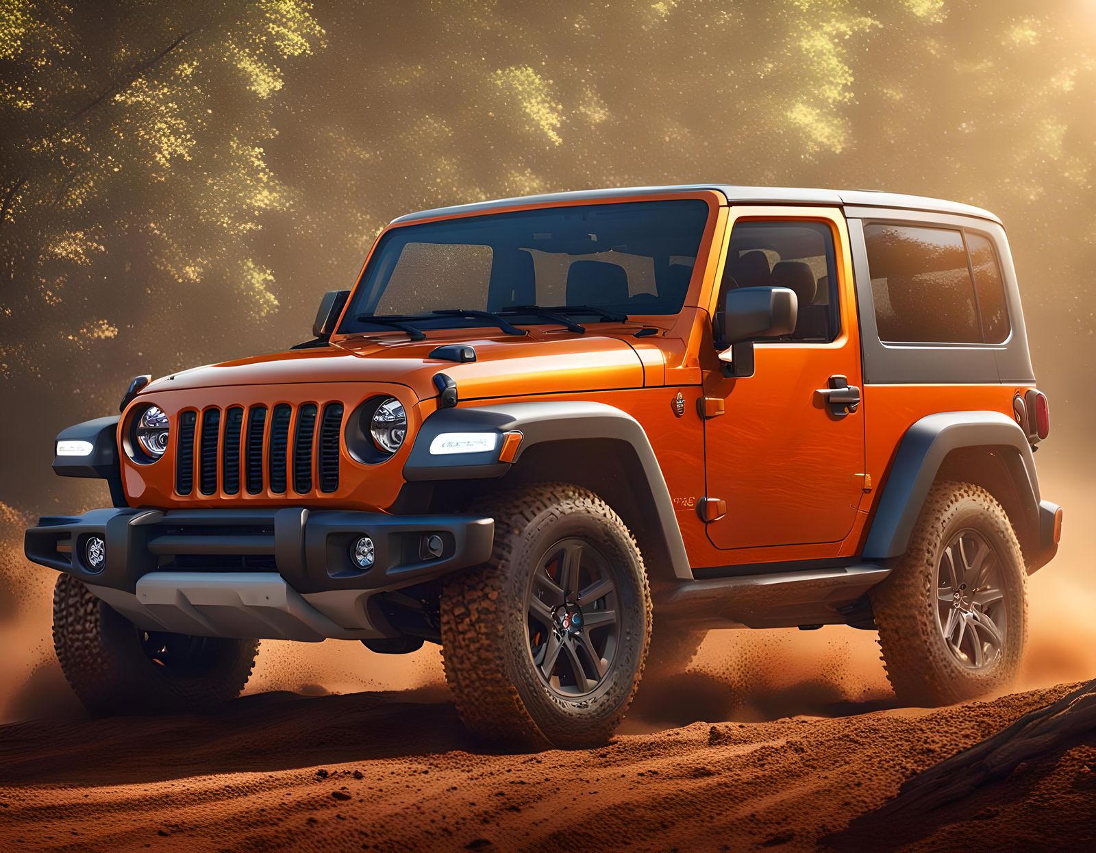 Orange Offroad SUV in Forest: 3D Render