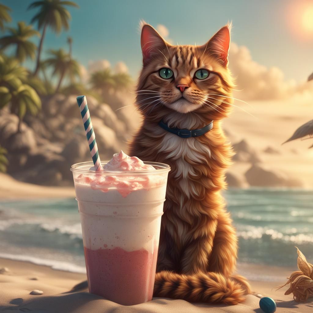 Cat Sunbathing on Beach with Milkshake: Matte Painting