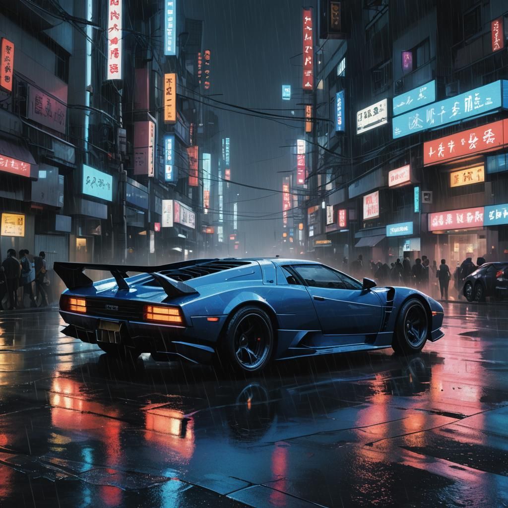 Neon Noir Supercar in Cyberpunk Tokyo