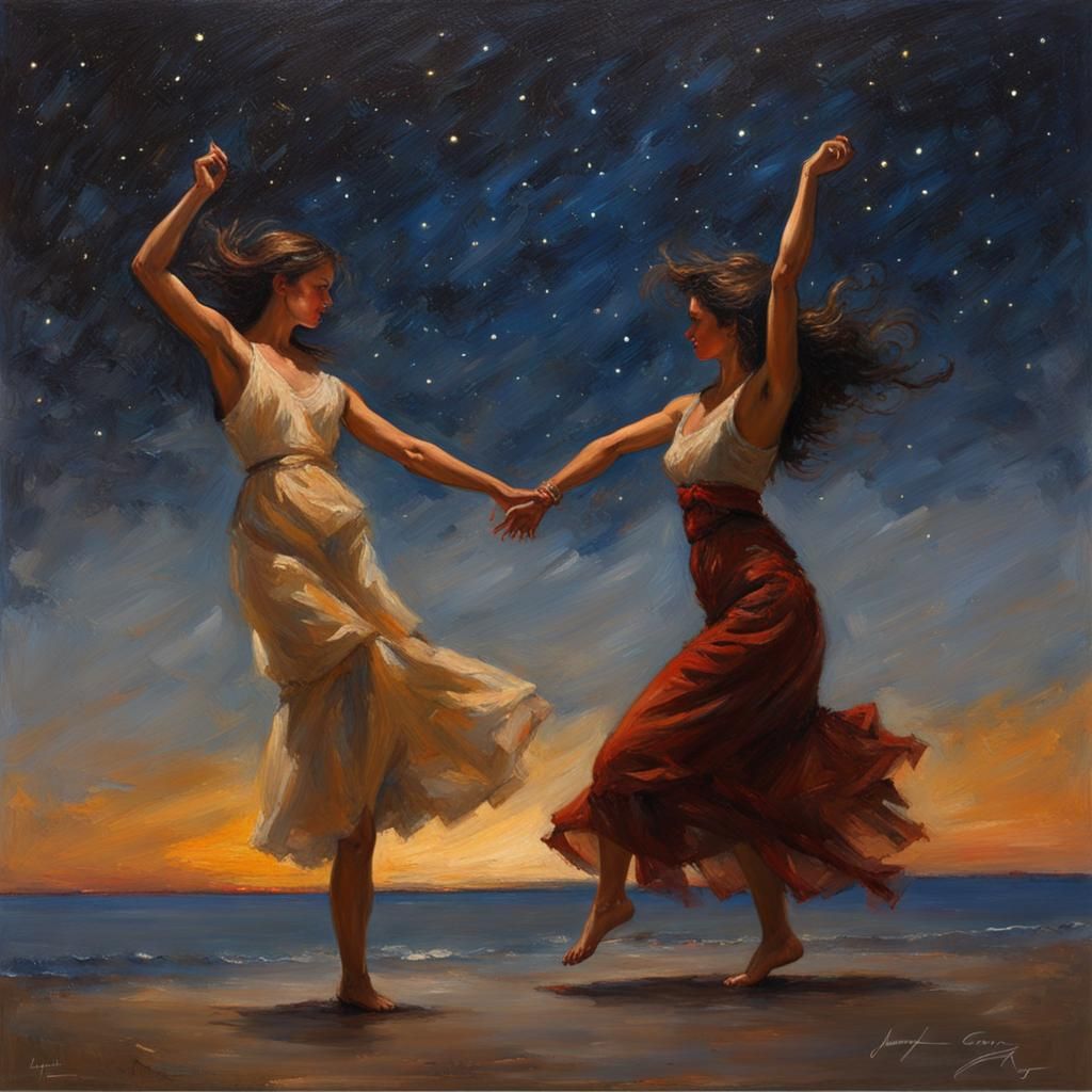 Women Dancing Under Stars: Oil Painting