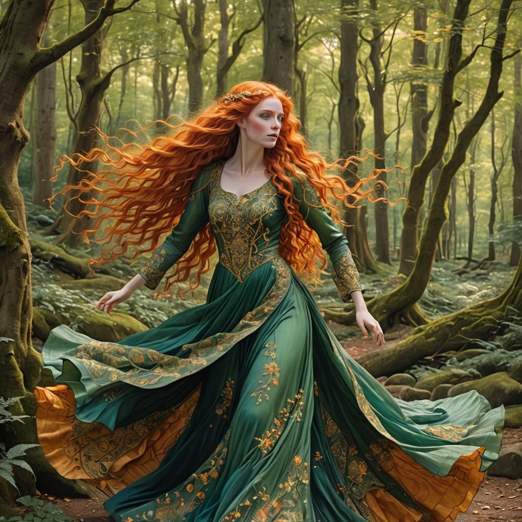 Girl Dancing in Forest, Art Nouveau Style