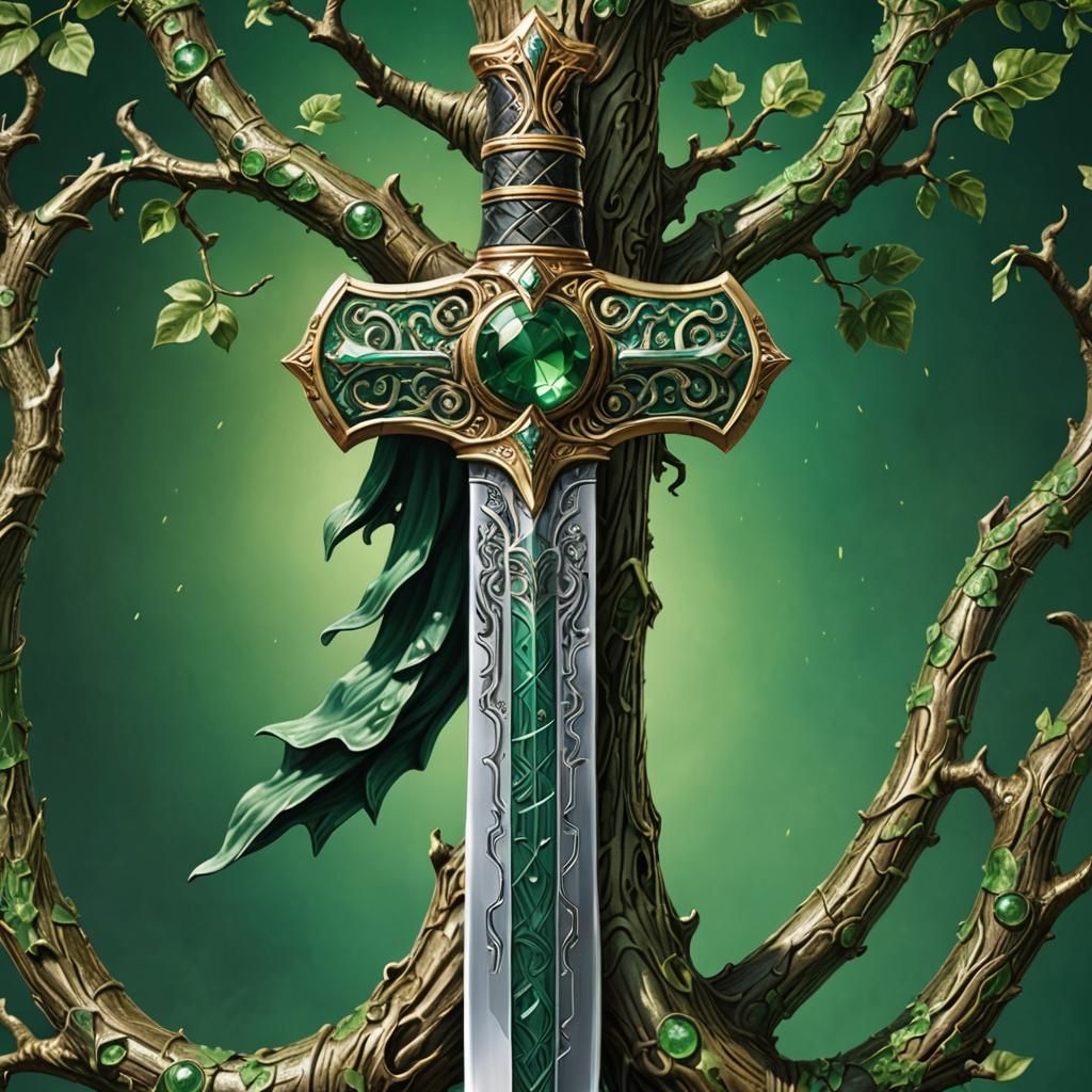 Emerald Shortsword with Tree Engravings: Hyperrealistic Rend...