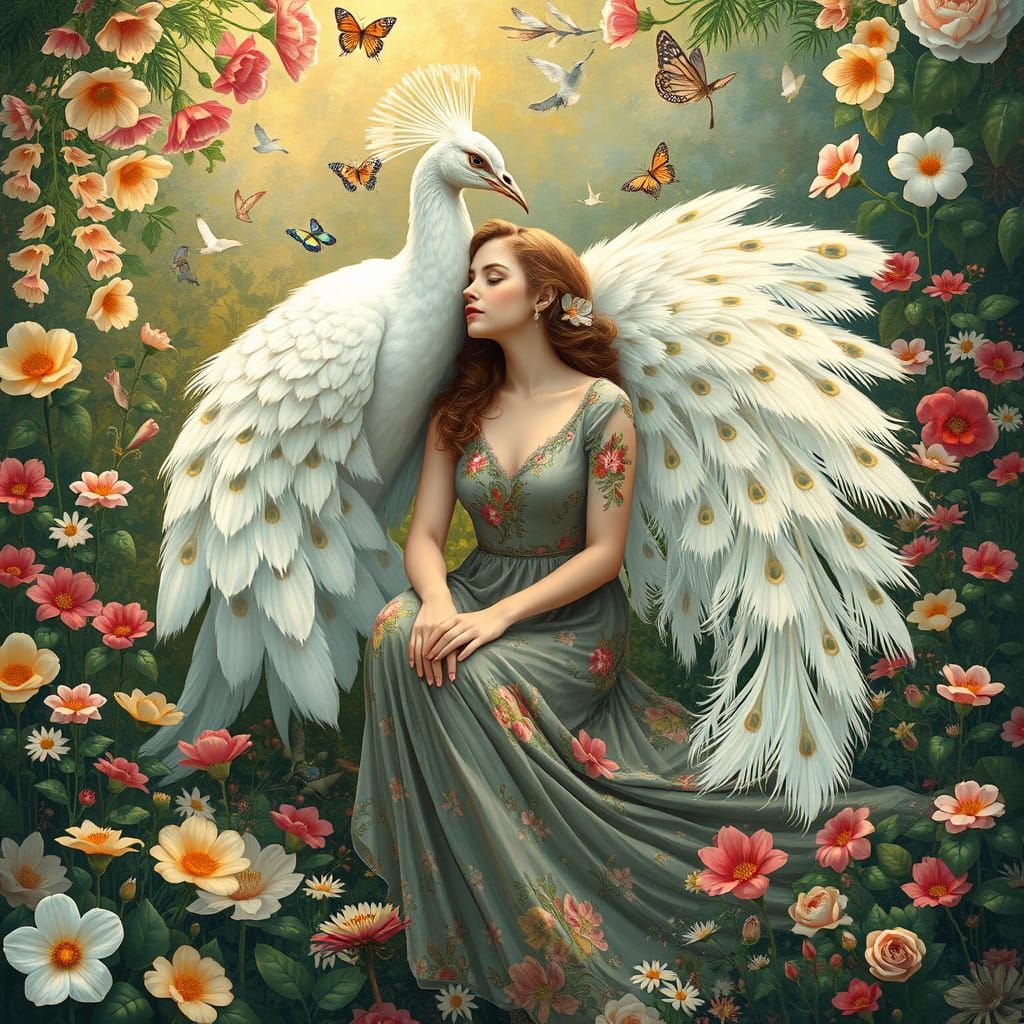 Woman and Peacock in Art Nouveau Garden