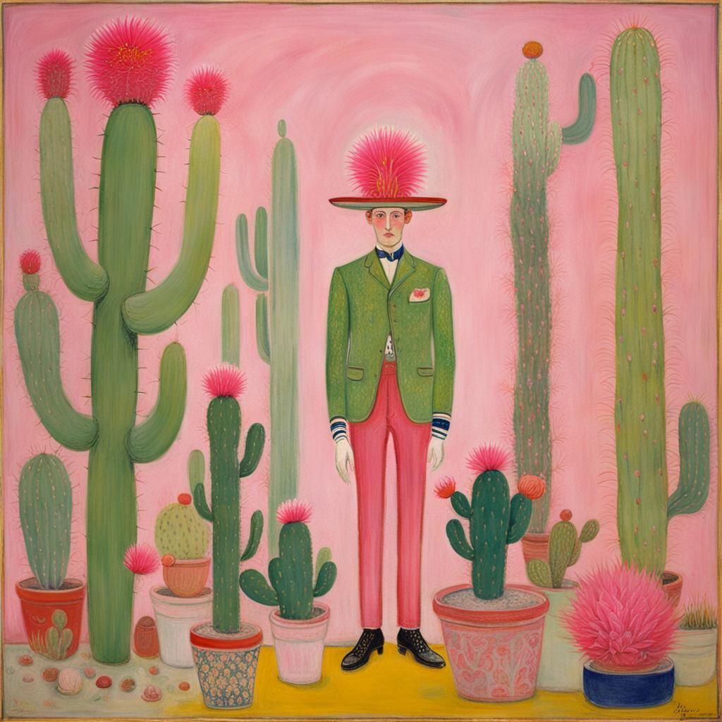 Pink Cactus Man Portrait in Modernist Style