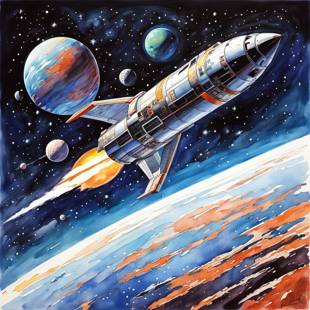 Sleek Rocket Ship Soaring Through Starry Space