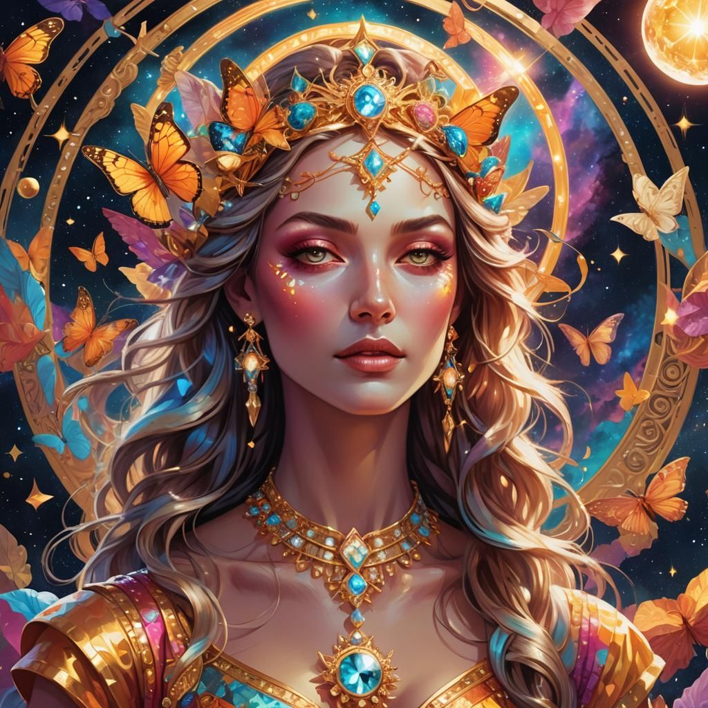 Goddess in Cosmic Astral Illustration with Butterflies