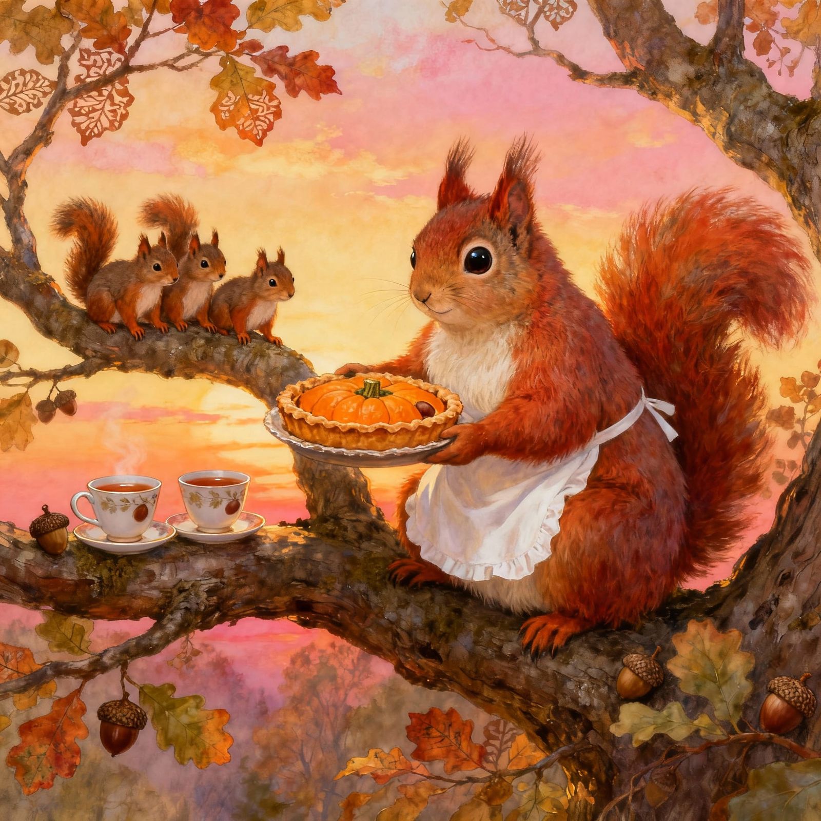 Mother Squirrel Serves Pie to Babies at Sunset