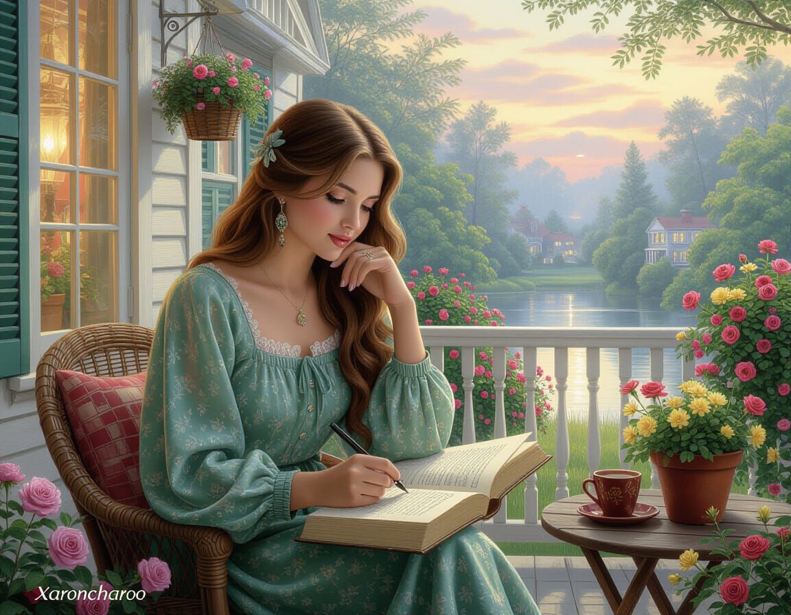 Cozy Garden Veranda with Journaling Woman, Kinkade Style