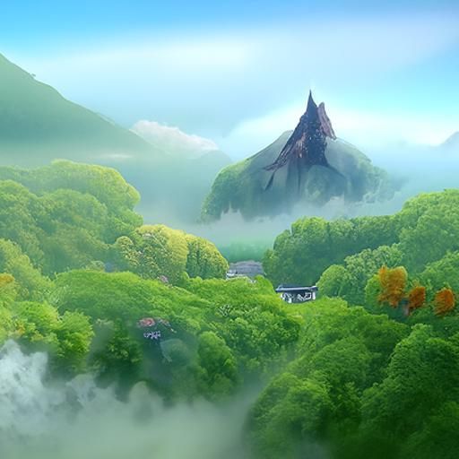 Misty Mountain Landscape in Studio Ghibli Anime Style