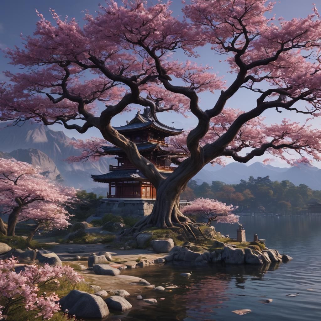 A beautiful ancient sakura tree in front of a lake. Mountain...