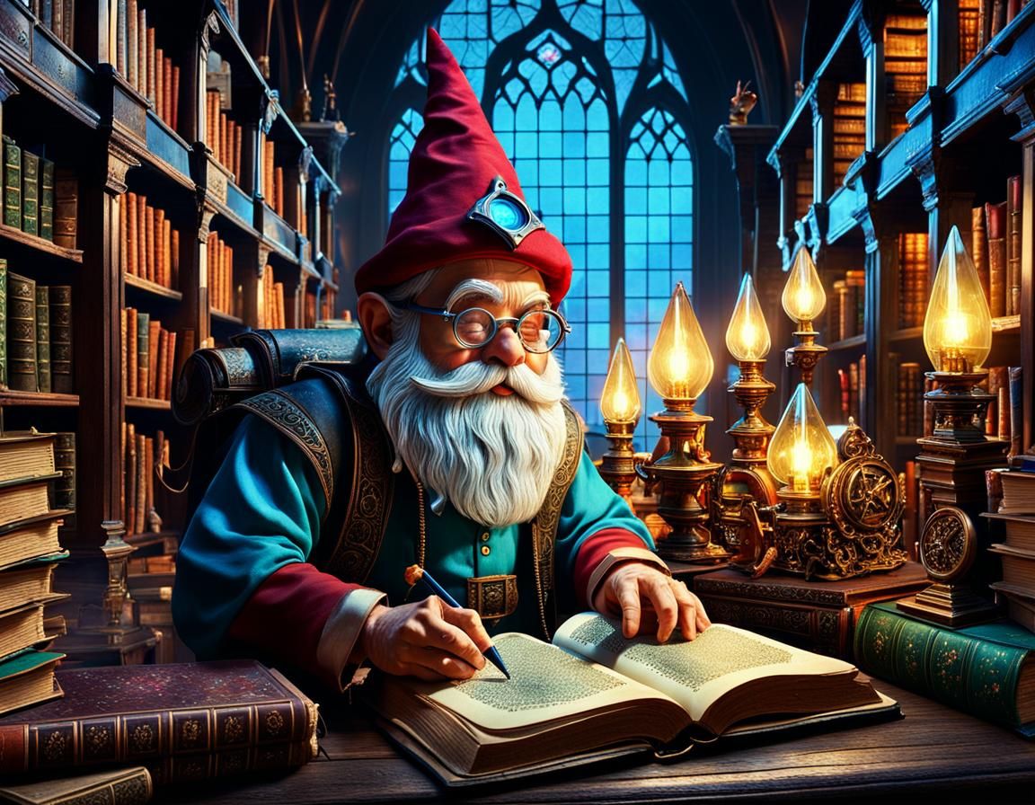 Gnome Scholar in Crystal-Lit Library: Fantasy Art