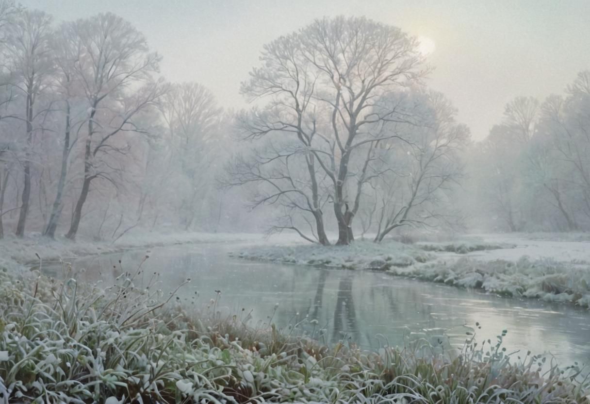 Snowy Riverbank in Whimsical Watercolor Style