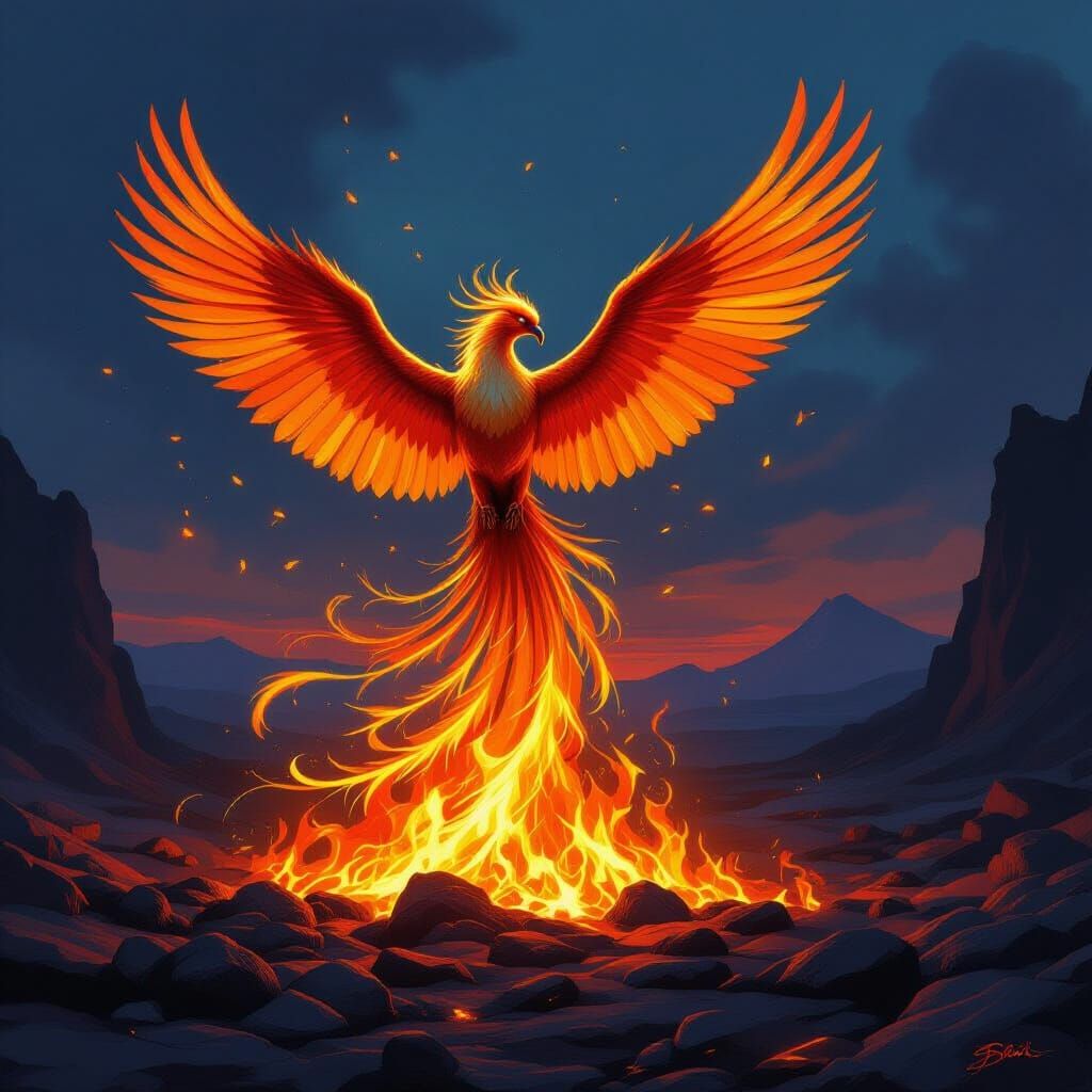Majestic Phoenix Rises From Embers in Dark Fantasy Style