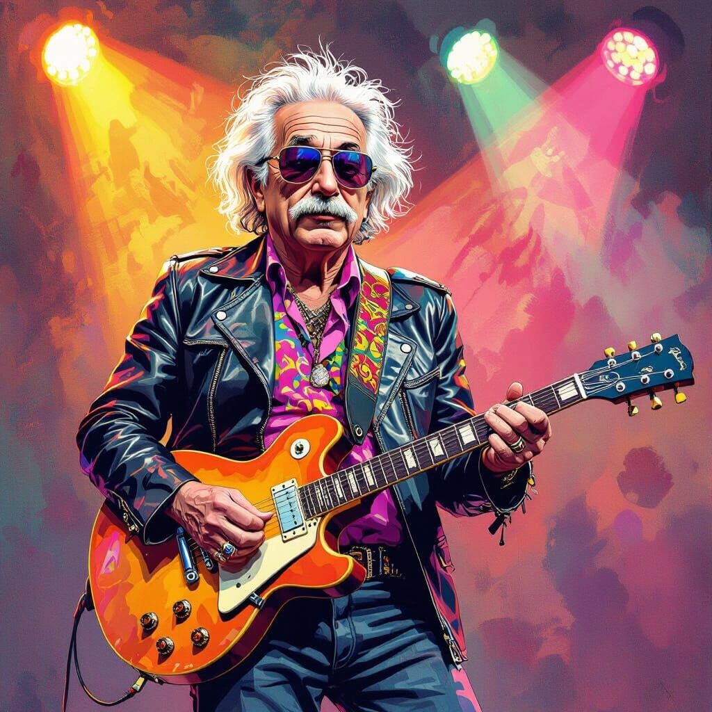 Einstein as 1970s Rock Star in Hyperrealism Style
