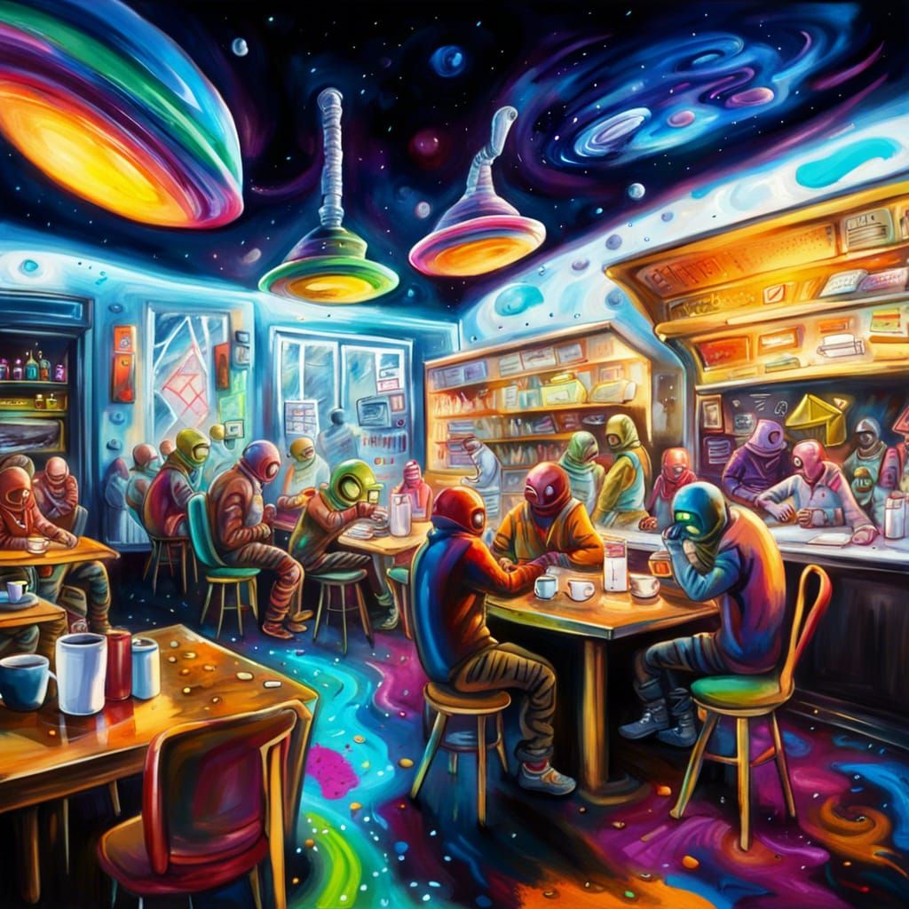 Busy Alien Coffee Shop: Colorful Street Art