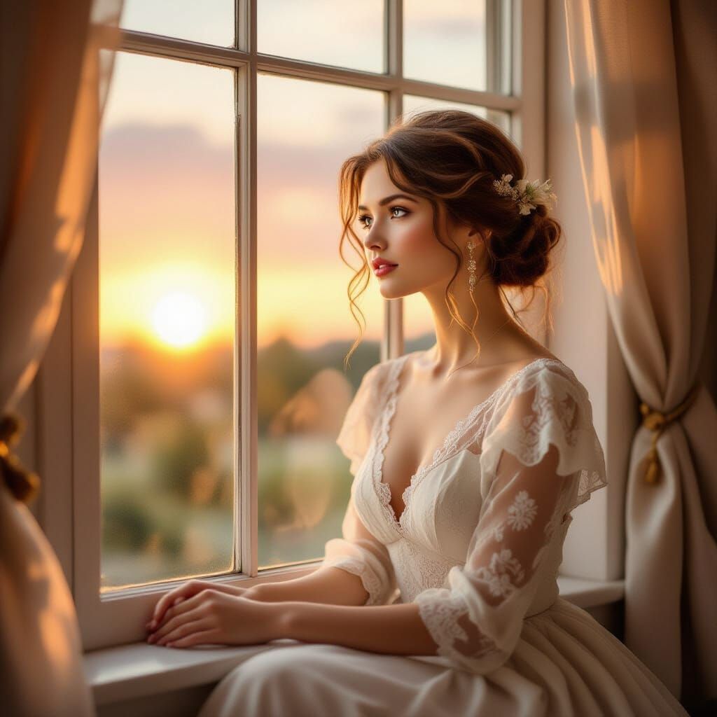 Woman Gazing at Sunset in Art Nouveau Style